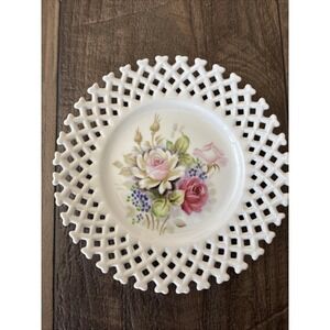 Lefton Hand Painted Roses Lattice Edged Porcelain China 8in Plate NE6350 Vintage